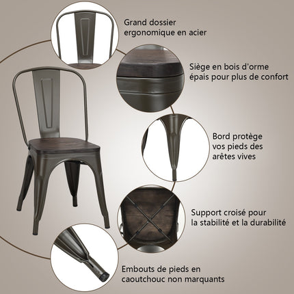 4 Stackable Metal Dining Chairs With Wood Seat, Gunmetal