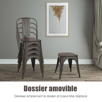 4 Stackable Metal Dining Chairs With Wood Seat, Gunmetal