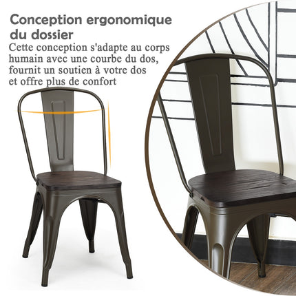4 Stackable Metal Dining Chairs With Wood Seat, Gunmetal