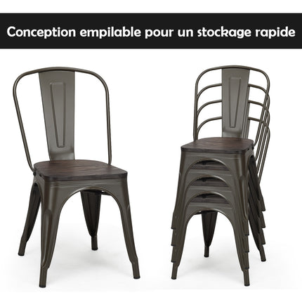 4 Stackable Metal Dining Chairs With Wood Seat, Gunmetal