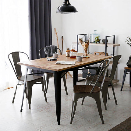4 Stackable Metal Dining Chairs With Wood Seat, Gunmetal