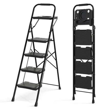 4-Step Folding Ladder with Tool Tray, Non-Slip Pedals