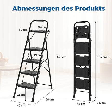4-Step Folding Ladder with Tool Tray, Non-Slip Pedals