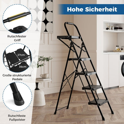 4-Step Folding Ladder with Tool Tray, Non-Slip Pedals