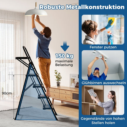 4-Step Folding Ladder with Tool Tray, Non-Slip Pedals