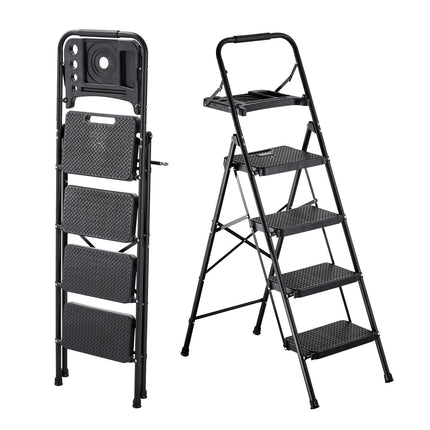 4-Step Folding Steel Ladder, Anti-Slip Steps, Tool Tray