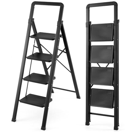 4-Step Folding Step Stool with Wide Anti-Slip Pedals, Black, 330 lbs Max Load