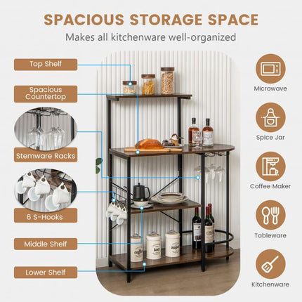 4-Tier Bakers Rack with Stemware Rack and 6 S-Hooks