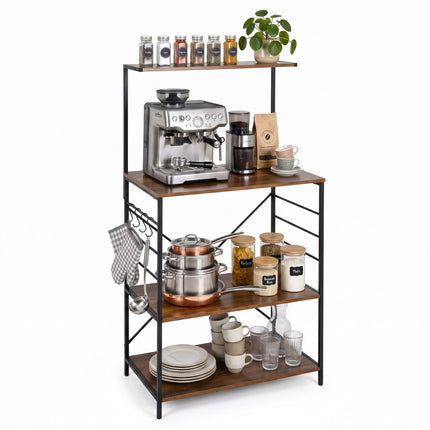 4-Tier Black Kitchen Shelf with Hooks – Metal & MDF
