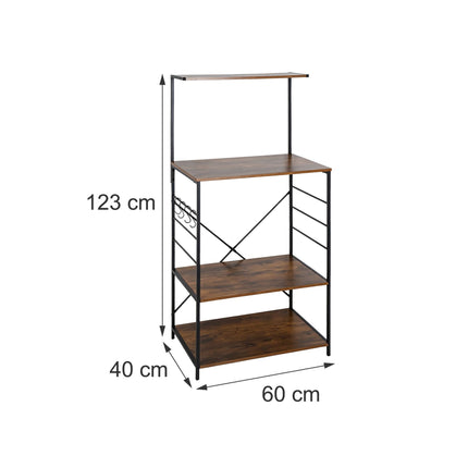 4-Tier Black Kitchen Shelf with Hooks – Metal & MDF