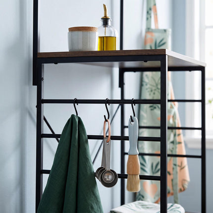 4-Tier Black Kitchen Shelf with Hooks – Metal & MDF