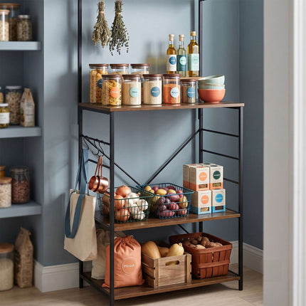 4-Tier Black Kitchen Shelf with Hooks – Metal & MDF