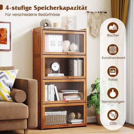Bücherregal mit 4 Ebenen und Acryltüren, Vitrine aus Bambus, 69 x 34 x 140 cm, Braun