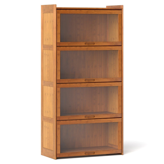 Bücherregal mit 4 Ebenen und Acryltüren, Vitrine aus Bambus, 69 x 34 x 140 cm, Braun