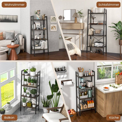 4 Tier Bookcase with Metal Frame & Adjustable Foot Pads Gray Oak