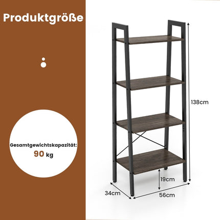 4 Tier Bookcase with Metal Frame & Adjustable Foot Pads Gray Oak