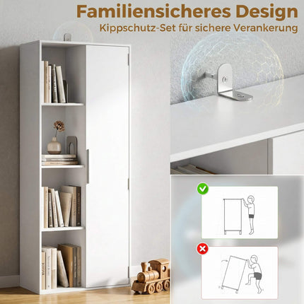 4-stöckiges Bücherregal mit verstellbaren Einlegeböden und Schrank, Weiß