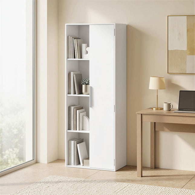 4-Tier Bookshelf with Adjustable Shelves and Cabinet, White