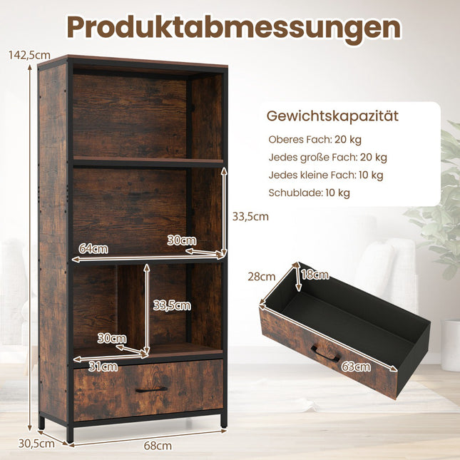 4-stufiges Bücherregal mit offenen Fächern und Stoffschublade, Braun