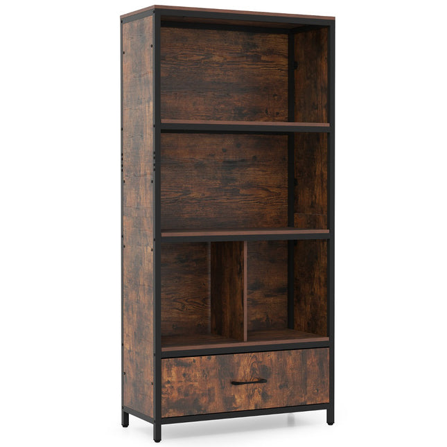 4-stufiges Bücherregal mit offenen Fächern und Stoffschublade, Braun