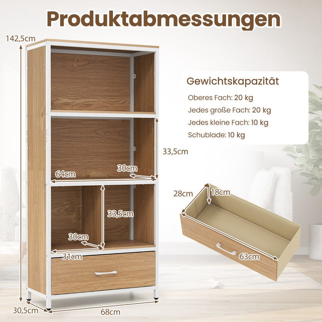 4-stöckiges Bücherregal mit offenen Regalen und Stoffschublade