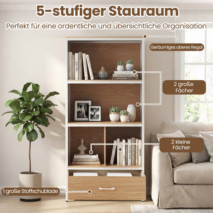 4-Tier Bookshelf with Open Shelves & Fabric Drawer