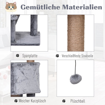 Katzenbaum, 4-stöckig mit Hängematte & Sisalstämmen, grau