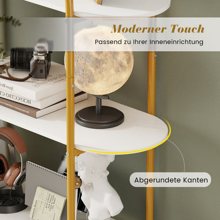 Gebogenes 4-stöckiges Bücherregal mit Metallrahmen und Holzregalböden
