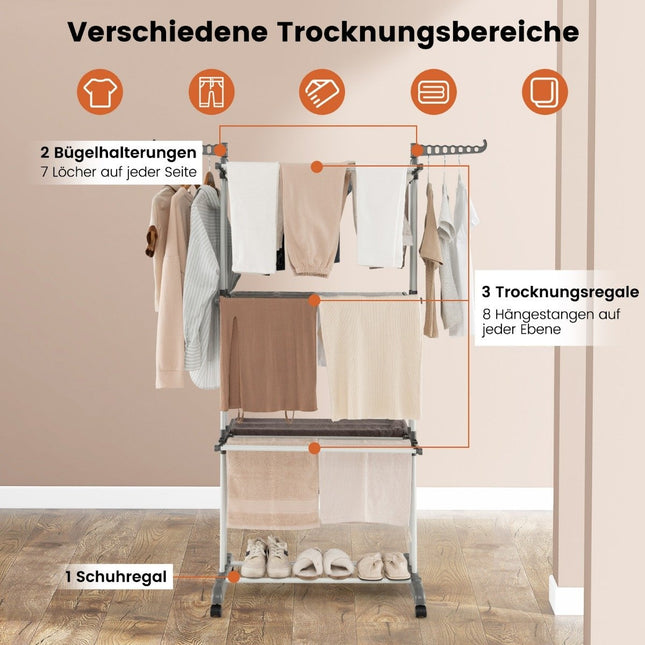 4-stöckiger faltbarer Wäscheständer mit Rollen, Grau