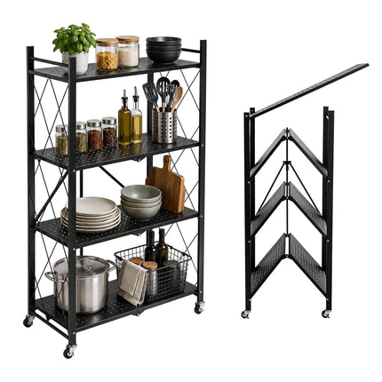 4-Tier Folding Steel Shelving Unit with Castors and Brakes, Black, 125 cm
