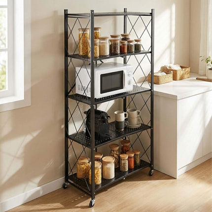 4-Tier Folding Steel Shelving Unit with Castors and Brakes, Black, 125 cm