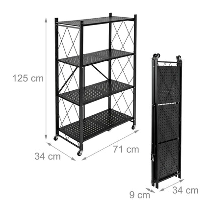 4-Tier Folding Steel Shelving Unit with Castors and Brakes, Black, 125 cm