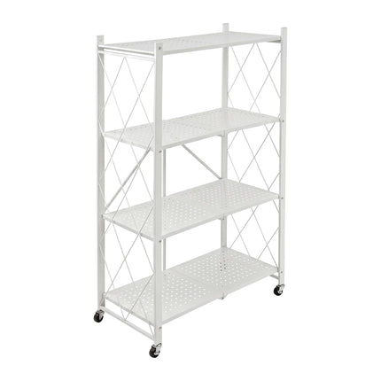 4-Tier Folding Steel Shelving Unit with Castors and Brakes, White, 125 cm