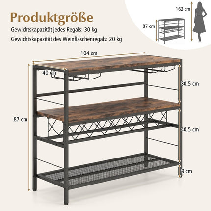 Freistehendes Weinregal mit 4 Ebenen, Weinkeller und 4 Reihen Glashalter, Weinbartisch