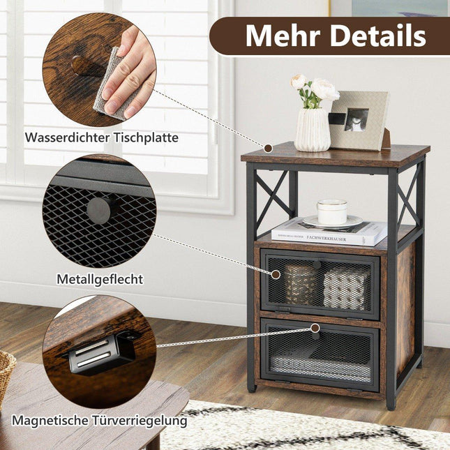 4-stöckiger industrieller Beistelltisch mit 2 faltbaren Schubladen, 60,5x40x35 cm