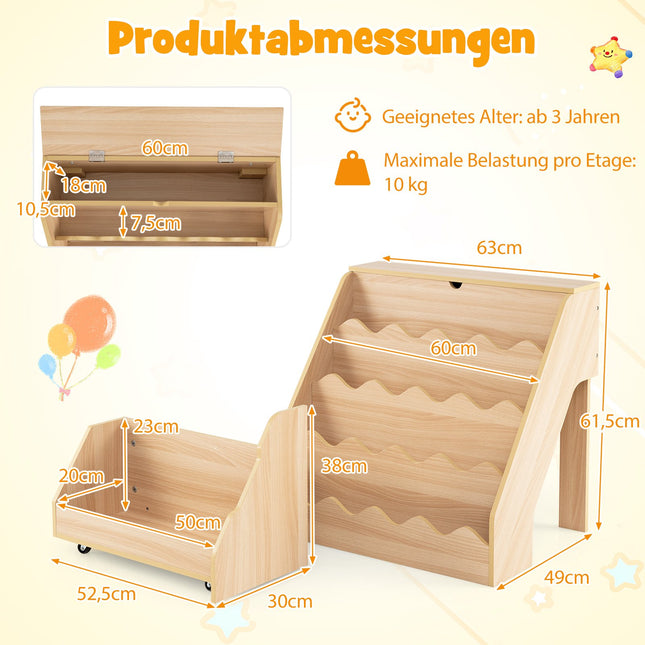 4-stöckiges Kinderbücherregal mit Schublade & Rollen, Natur-MDF