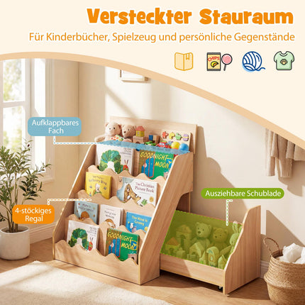 4-Tier Kids Bookshelf with Drawer & Wheels, Natural MDF