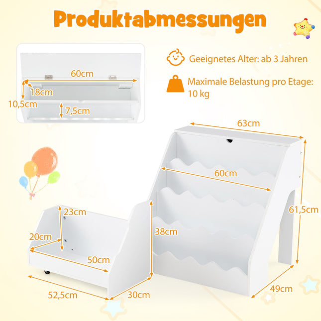4-stöckiges Kinderbücherregal mit Schublade & Rollen, weißes MDF