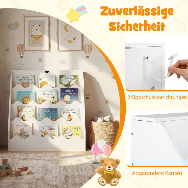 4-stöckiges Kinderbücherregal mit Schublade & Rollen, weißes MDF