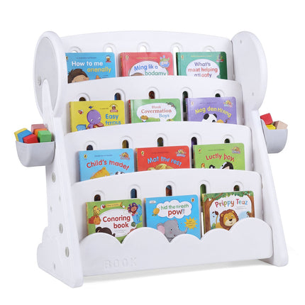 4-Tier Kids Bookshelf with Storage Boxes, Reversible Shelf