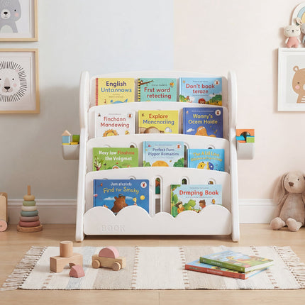 4-Tier Kids Bookshelf with Storage Boxes, Reversible Shelf