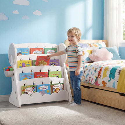 4-Tier Kids Bookshelf with Storage Boxes, Reversible Shelf