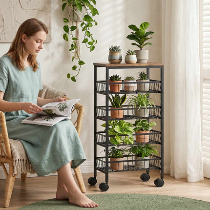 4-Tier Kitchen Trolley with Baskets and Wheels, Brown
