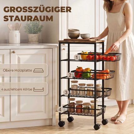 4-Tier Kitchen Trolley with Baskets and Wheels, Brown
