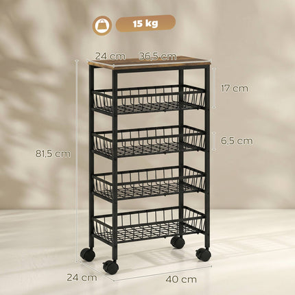 4-Tier Kitchen Trolley with Baskets and Wheels, Brown