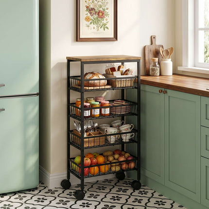 4-Tier Kitchen Trolley with Baskets and Wheels, Brown