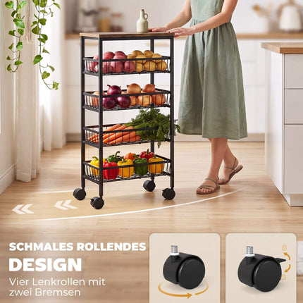 4-Tier Kitchen Trolley with Baskets and Wheels, Brown