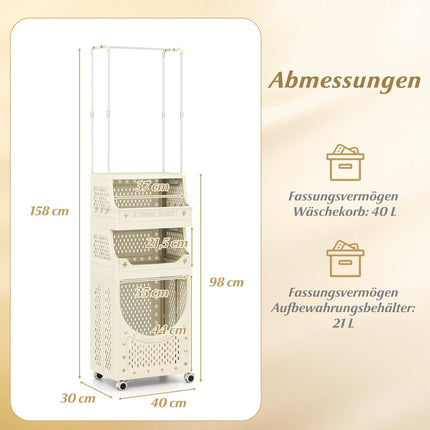 4-stöckiger Wäschewagen mit Kleiderstange, faltbar, Beige