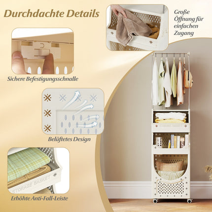 4-stöckiger Wäschewagen mit Kleiderstange, faltbar, Beige