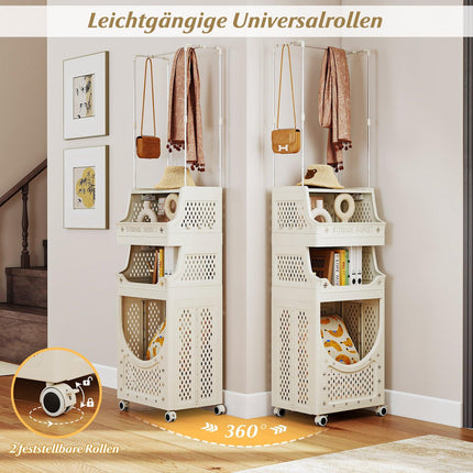 4-stöckiger Wäschewagen mit Kleiderstange, faltbar, Beige